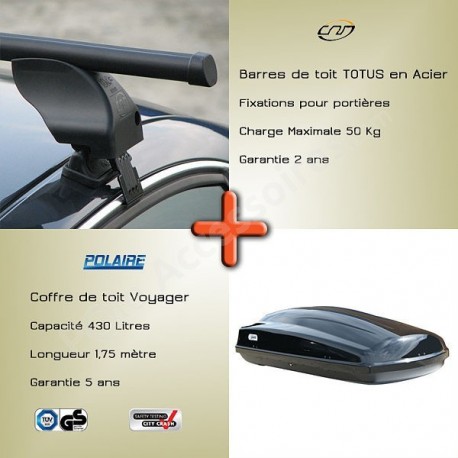 Pack Barres de toit Totus 130 cm fixation portières et Coffre toit  - 131