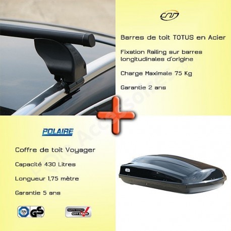 Pack Barres de toit Totus 130 cm fixation Railing et Coffre toit  102