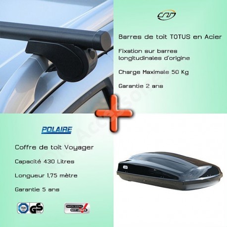 Pack Barres de toit Totus 112 cm pour barres longitudinales d'origine et Coffre toit  - 2160