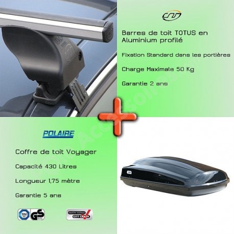 Pack Barres de toit alu Totus 130 cm fixation portières et Coffre toit  - 140