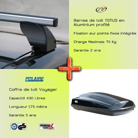 Pack Barres de toit alu Totus 112 cm pour points de fixation intégrés et Coffre toit  - 085