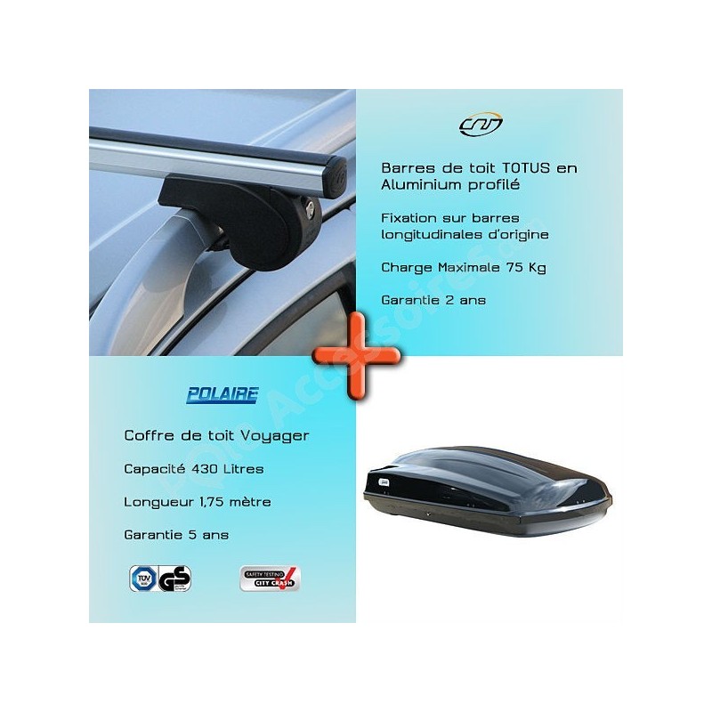 Pack Coffre de toit + barres alu pour Peugeot 2008 2013 à 2019